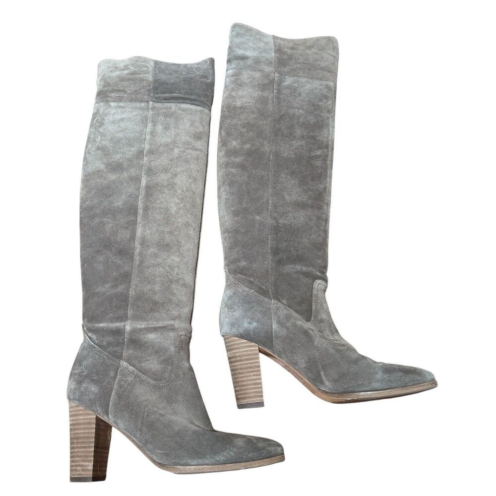 Belle by Sigerson Morrison Over Knee Boots Sz 8 Gray Suede Leather Block Heels